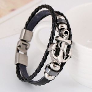 Beaded & Anchor Leather Wristband